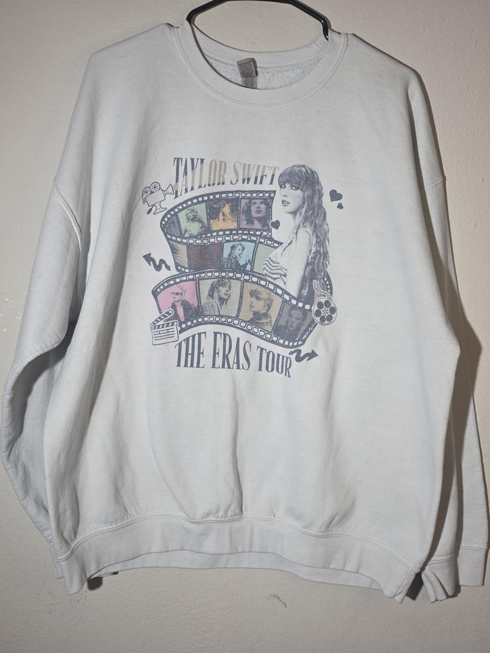 Gildan White Crewneck Sweatshirt with Multi-Color Film-Strip Graphic